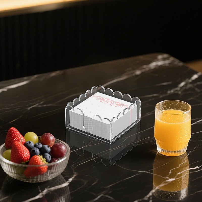 YAGELI Clear Acrylic Napkin Holder – Elegant Scalloped Tray for Cocktail, Bathroom, Kitchen & Dining – Flat Paper Towel & Disposable Napkin Organizer for Weddings, Bars, Hotels and Home(5.4x5.2in) - Image 2